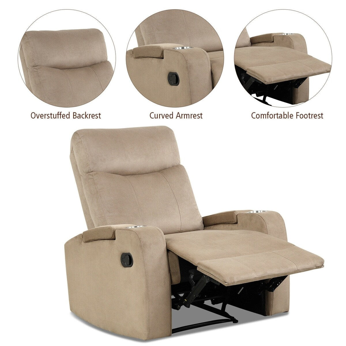 Fauteuil inclinable simple avec rangement pour accoudoirs et porte-gobelet pour salon