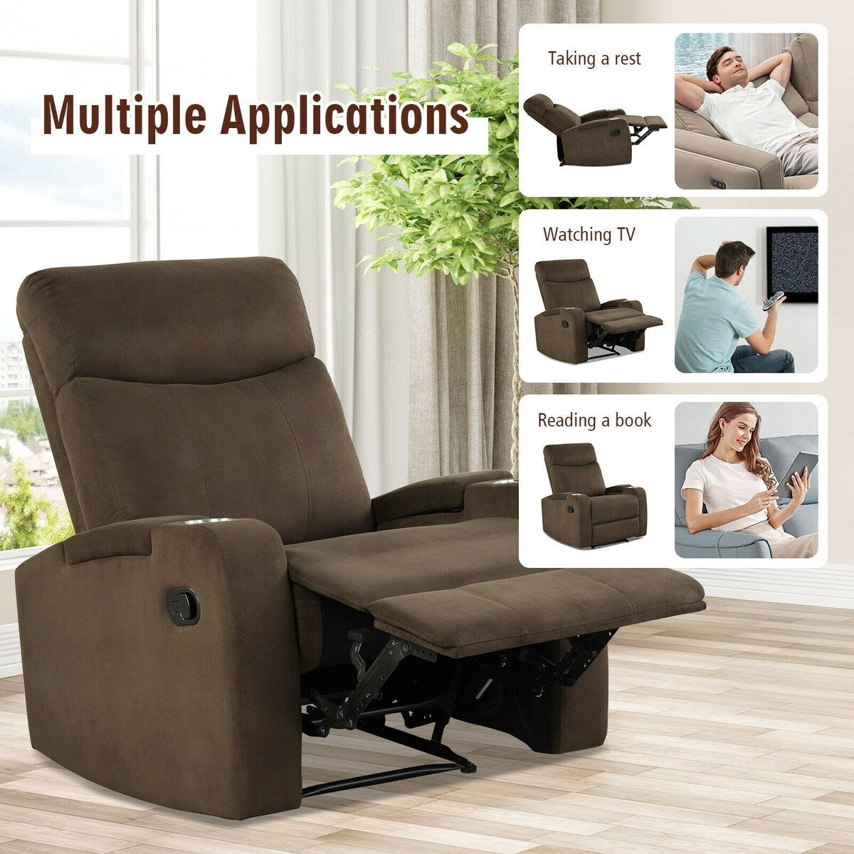 Fauteuil inclinable simple avec rangement pour accoudoirs et porte-gobelet pour salon