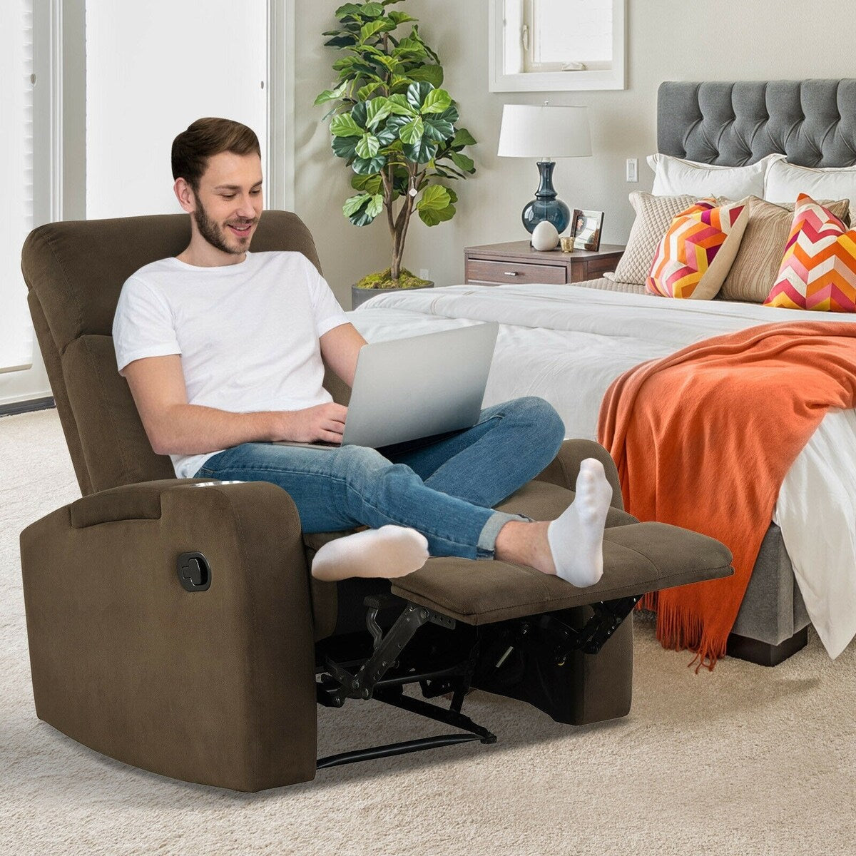 Fauteuil inclinable simple avec rangement pour accoudoirs et porte-gobelet pour salon