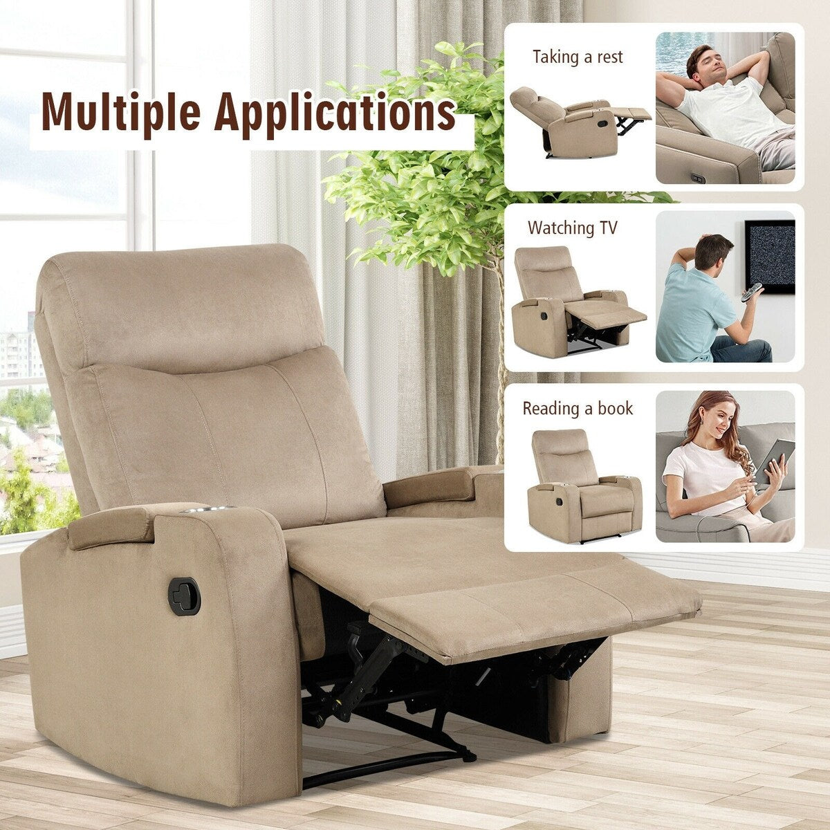 Fauteuil inclinable simple avec rangement pour accoudoirs et porte-gobelet pour salon