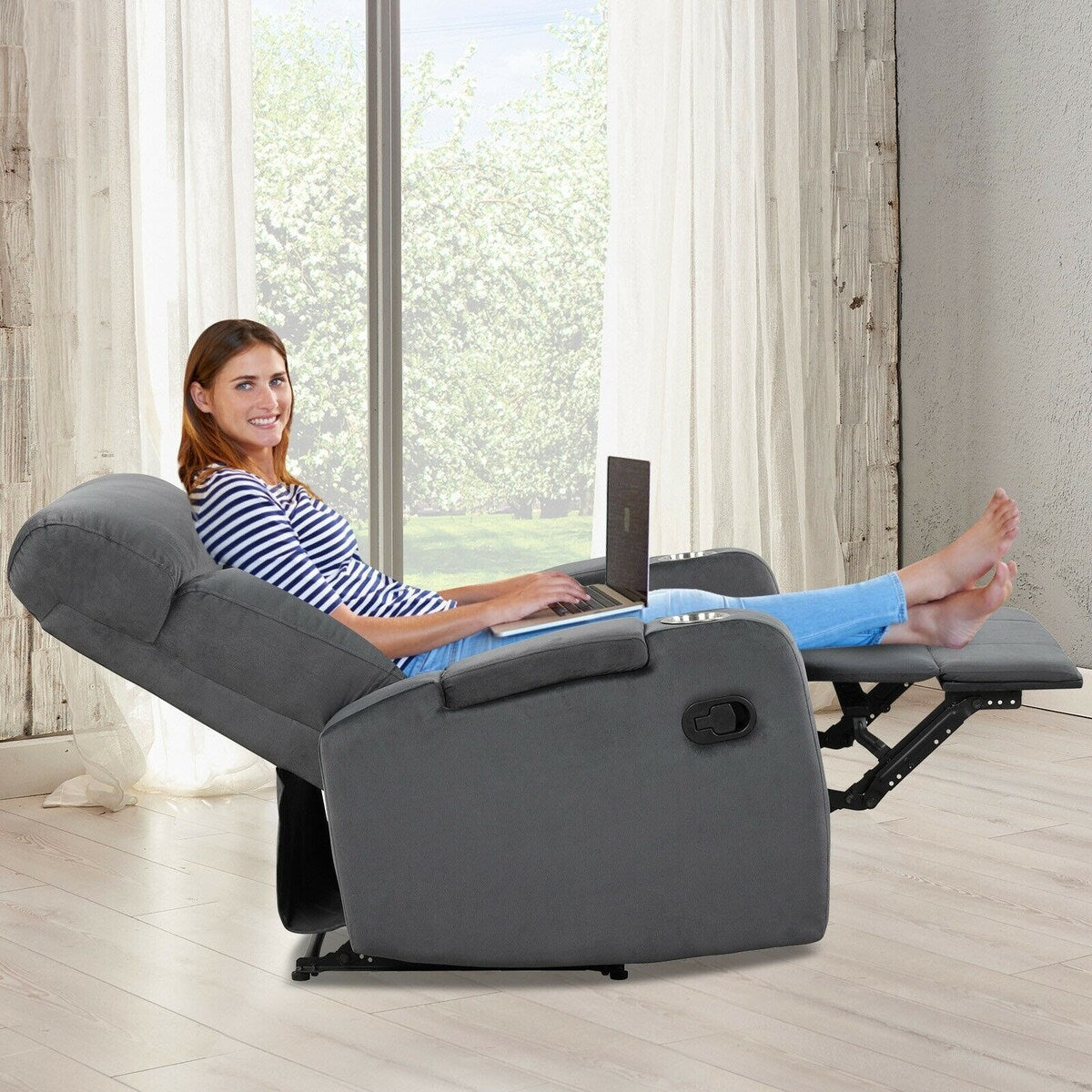 Fauteuil inclinable simple avec rangement pour accoudoirs et porte-gobelet pour salon