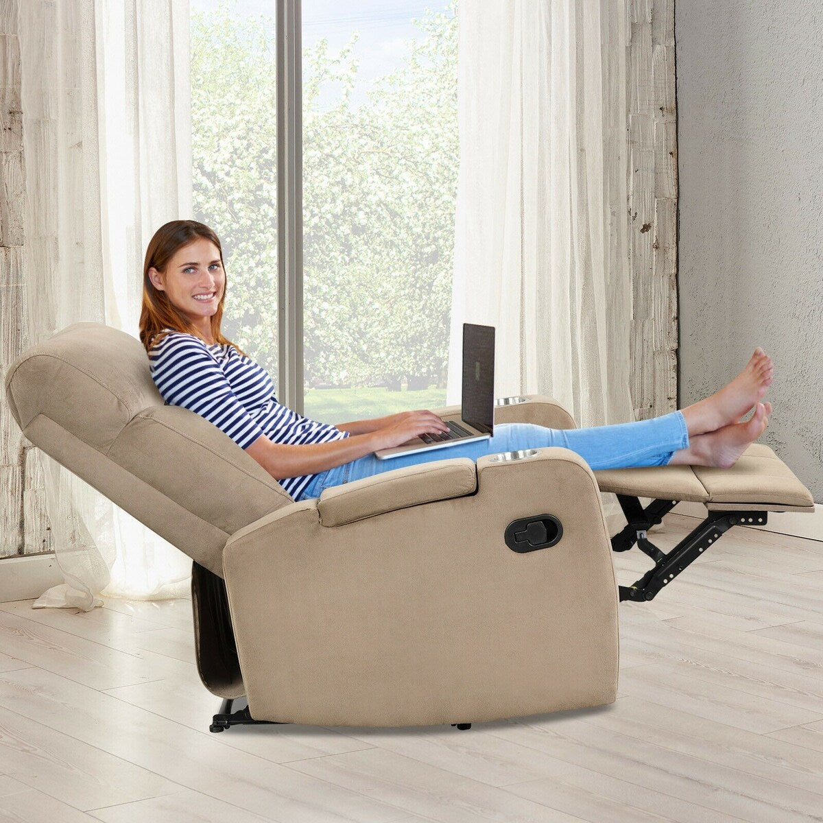 Fauteuil inclinable simple avec rangement pour accoudoirs et porte-gobelet pour salon