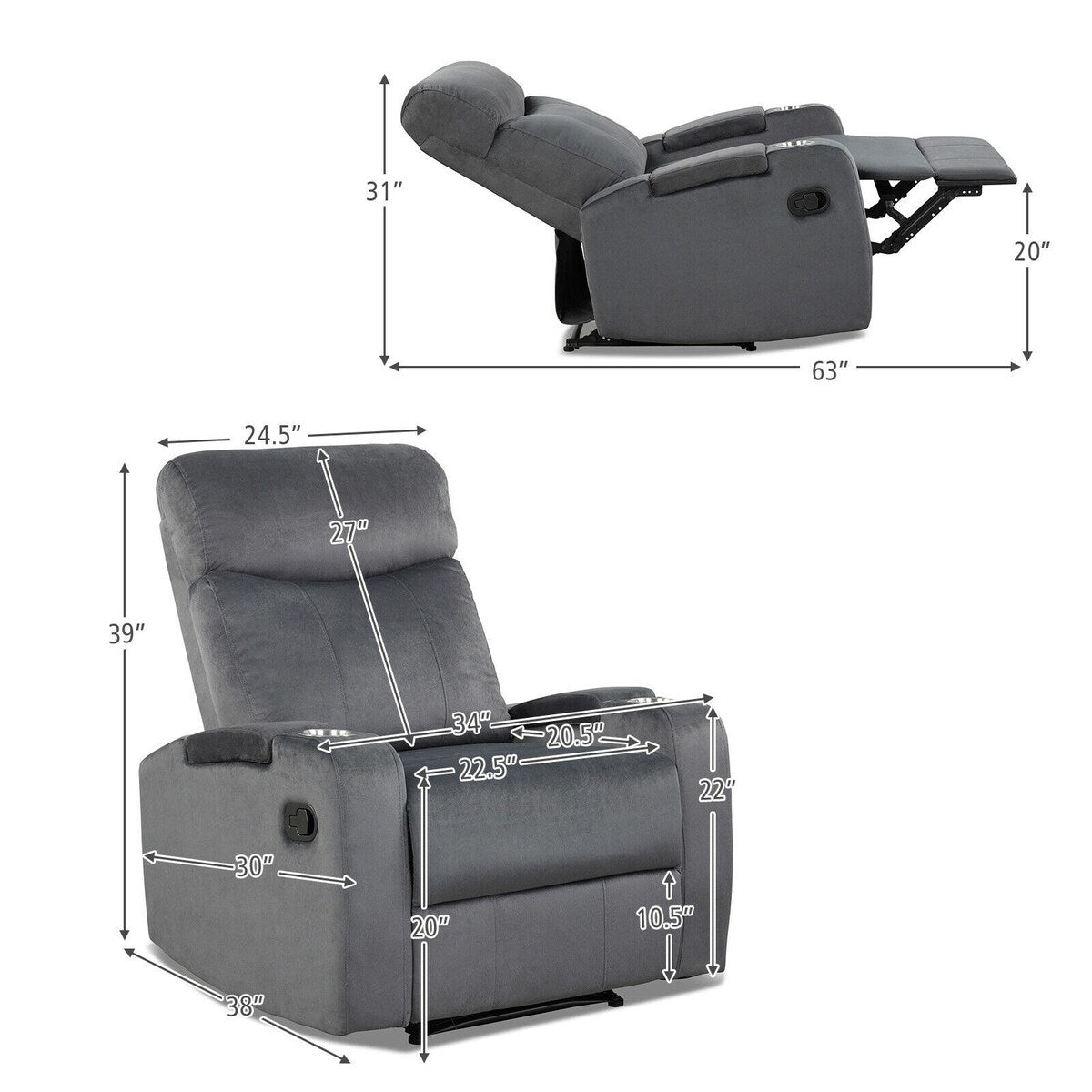 Fauteuil inclinable simple avec rangement pour accoudoirs et porte-gobelet pour salon
