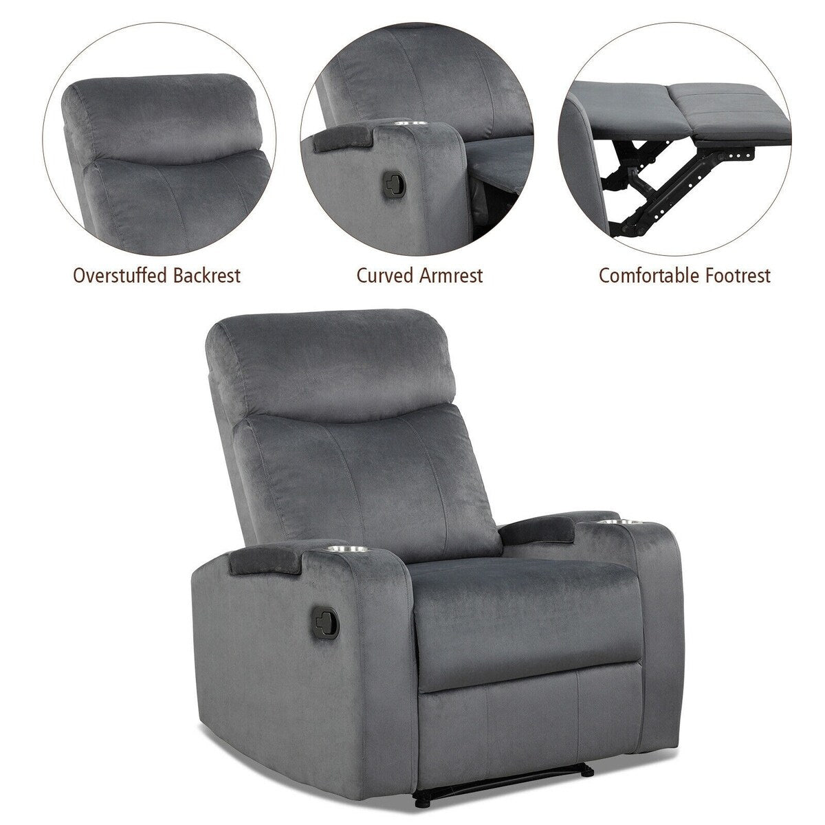 Fauteuil inclinable simple avec rangement pour accoudoirs et porte-gobelet pour salon