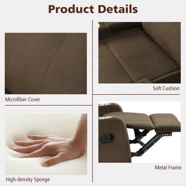 Fauteuil inclinable simple avec rangement pour accoudoirs et porte-gobelet pour salon