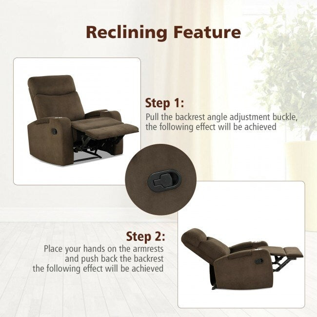 Fauteuil inclinable simple avec rangement pour accoudoirs et porte-gobelet pour salon
