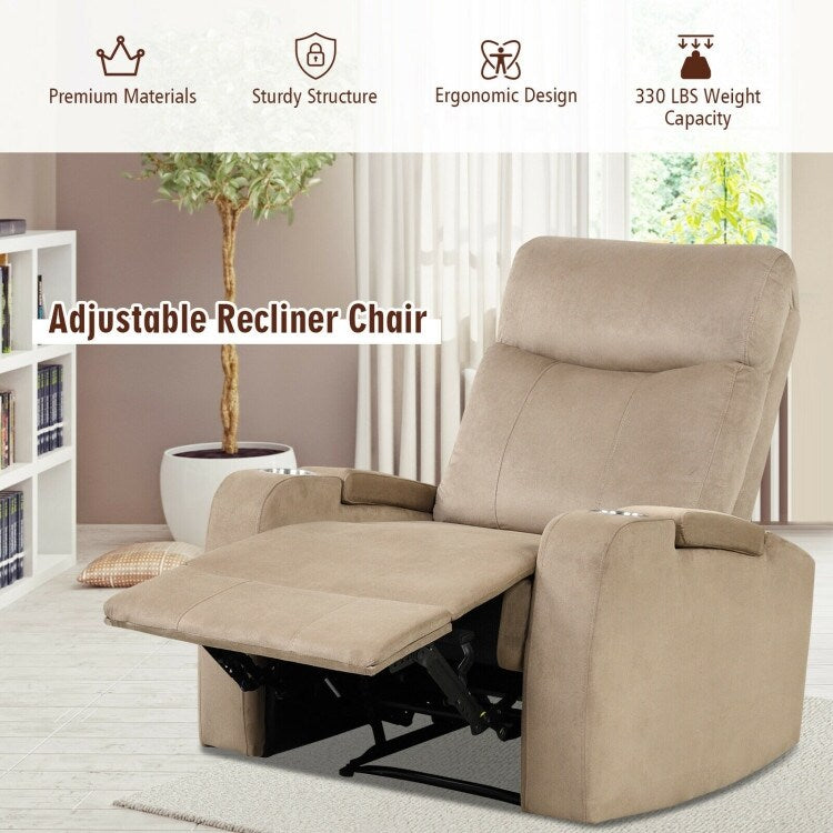 Fauteuil inclinable simple avec rangement pour accoudoirs et porte-gobelet pour salon