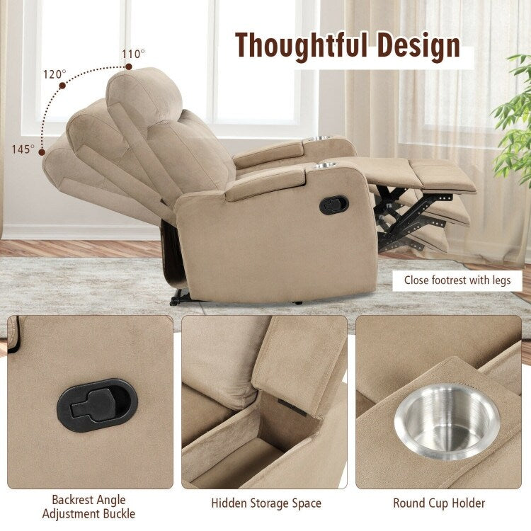 Fauteuil inclinable simple avec rangement pour accoudoirs et porte-gobelet pour salon