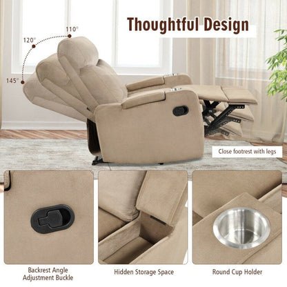 Fauteuil inclinable simple avec rangement pour accoudoirs et porte-gobelet pour salon