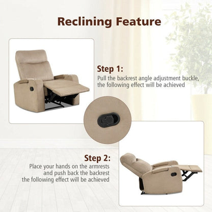 Fauteuil inclinable simple avec rangement pour accoudoirs et porte-gobelet pour salon
