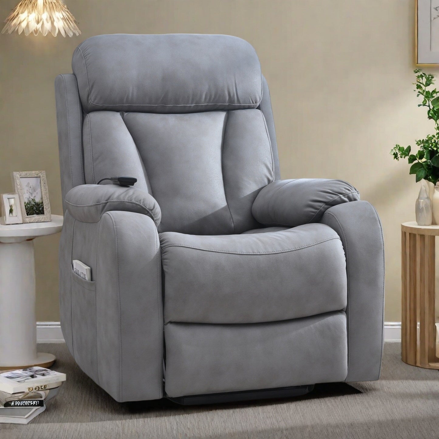 Fauteuil inclinable à siège large avec coussins rembourrés, télécommande et poche latérale