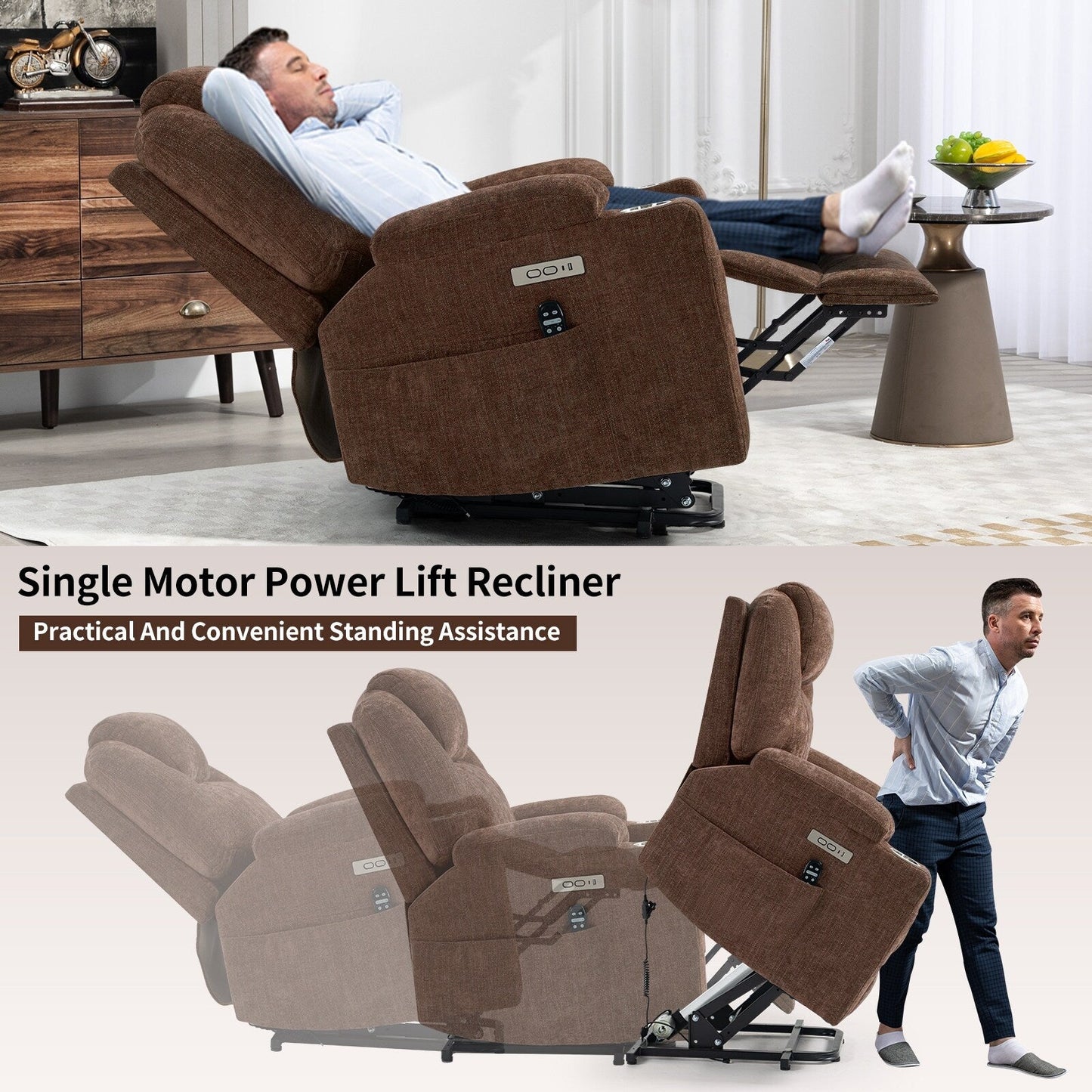 Fauteuil inclinable avec massage par vibrations à 8 points et chauffage lombaire, ports USB et Type-C, porte-gobelets en acier inoxydable
