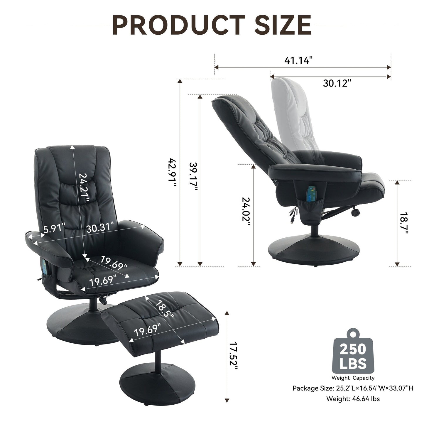 Fauteuil inclinable avec ottoman - Fauteuil de massage pivotant à 360° avec siège chauffant à vibrations à 5 points, réglable à 140°