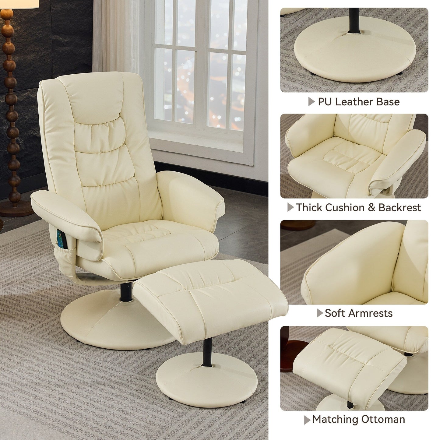 Fauteuil inclinable avec ottoman - Fauteuil de massage pivotant à 360° avec siège chauffant à vibrations à 5 points, réglable à 140°