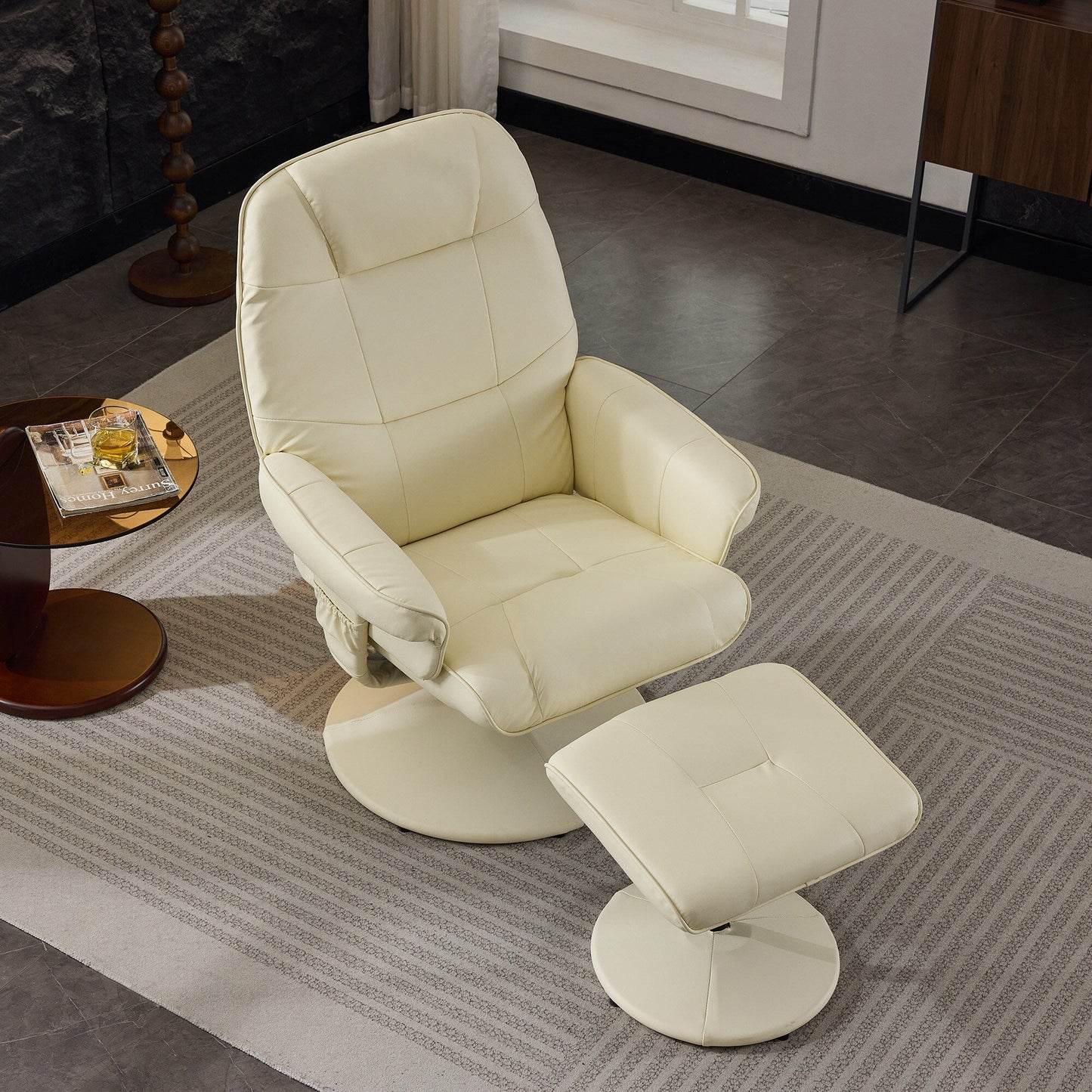 Fauteuil inclinable avec ottoman, pivotant à 360° en similicuir avec base enveloppée, siège chauffant et dossier réglable à 140°