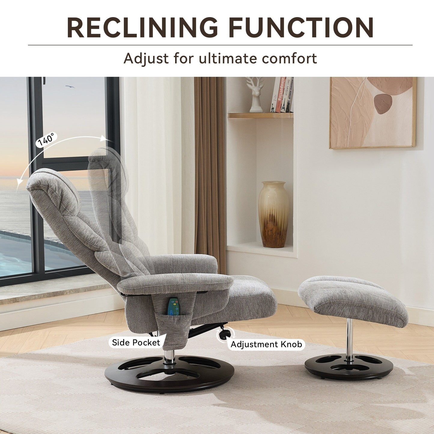 Fauteuil inclinable avec repose-pieds, fauteuil de salon pivotant à 360° moderne avec repose-pieds, tissu chenille, massage par vibrations à 5 points