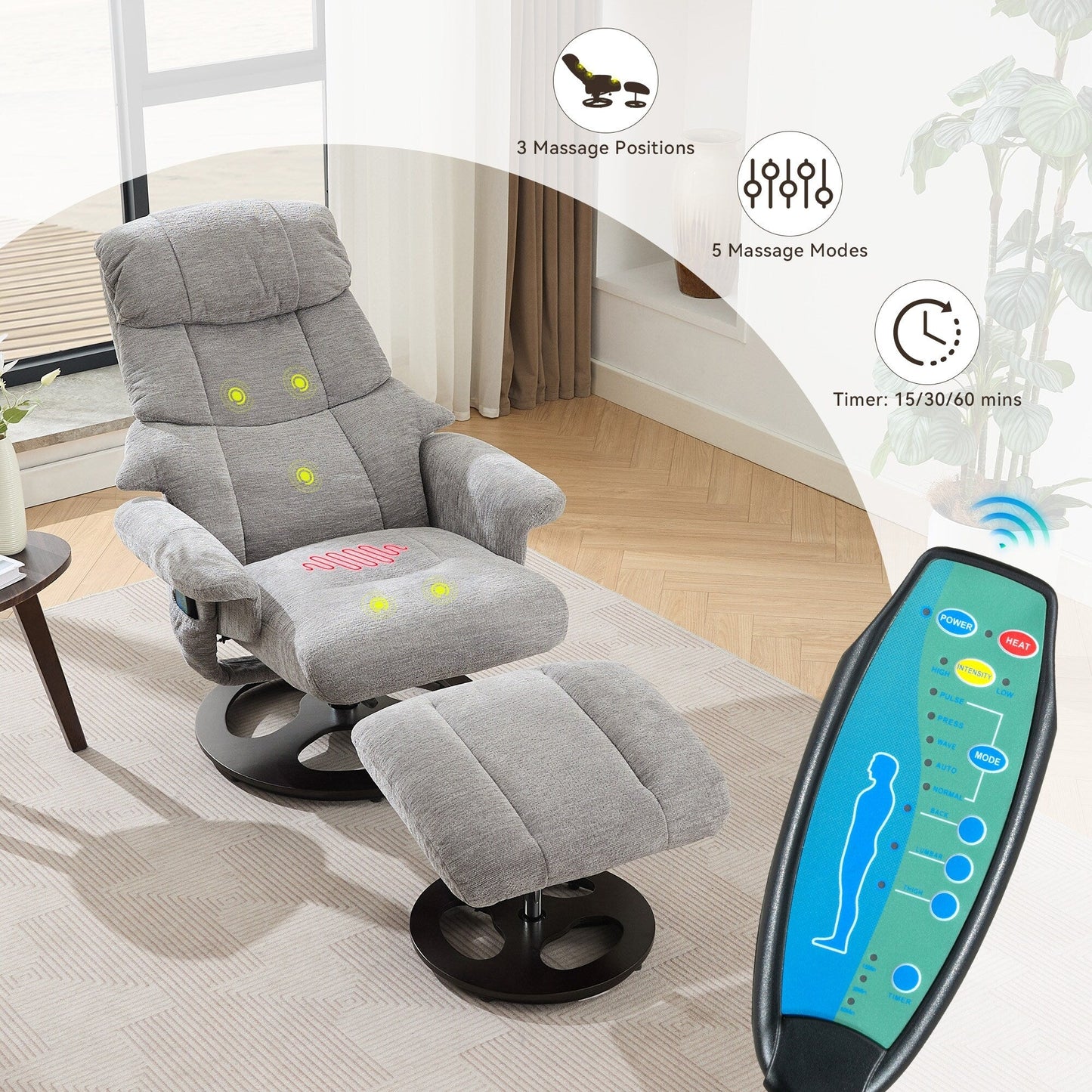 Fauteuil inclinable avec repose-pieds, fauteuil de salon pivotant à 360° moderne avec repose-pieds, tissu chenille, massage par vibrations à 5 points