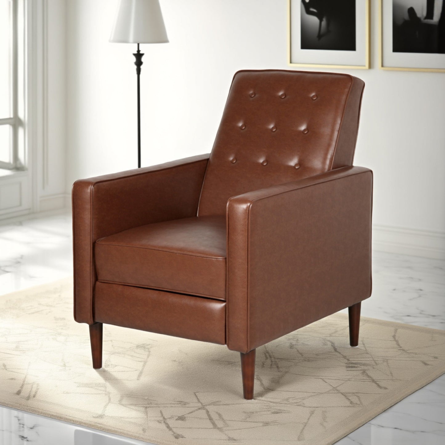 Fauteuil inclinable en bois de bouleau, similicuir marron capitonné à coutures gaufrées