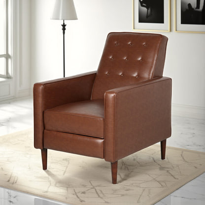 Fauteuil inclinable en bois de bouleau, similicuir marron capitonné à coutures gaufrées