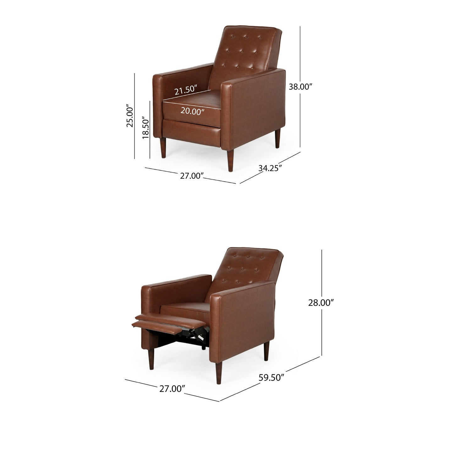 Fauteuil inclinable en bois de bouleau, similicuir marron capitonné à coutures gaufrées