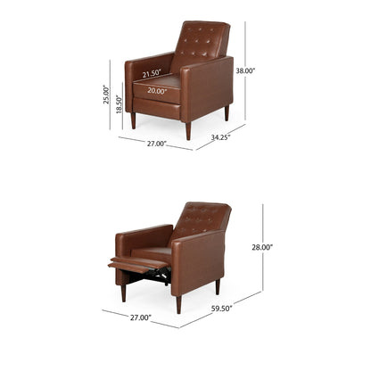 Fauteuil inclinable en bois de bouleau, similicuir marron capitonné à coutures gaufrées