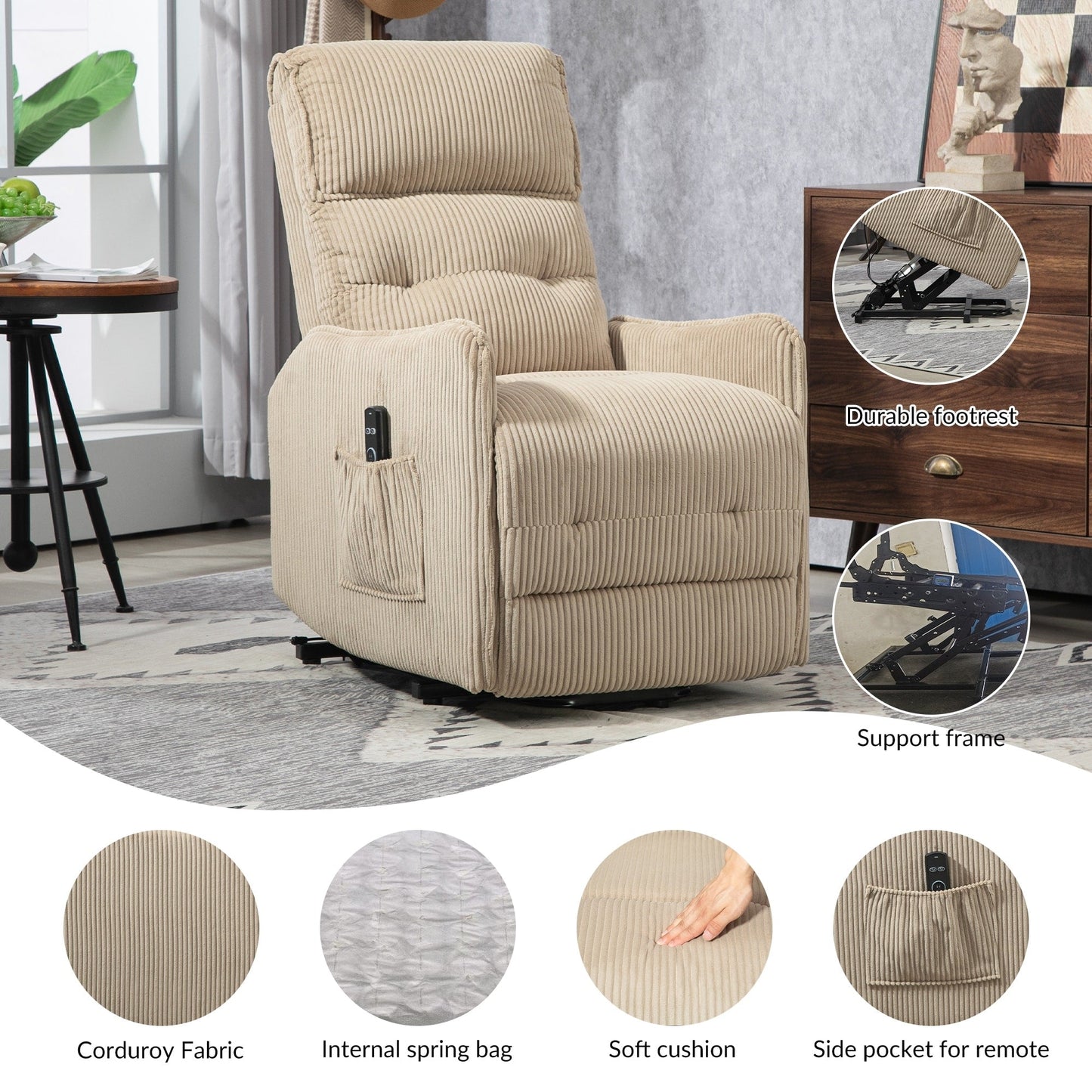 Fauteuil inclinable électrique pour adultes, avec coussin de siège à ressorts ensachés et poche latérale