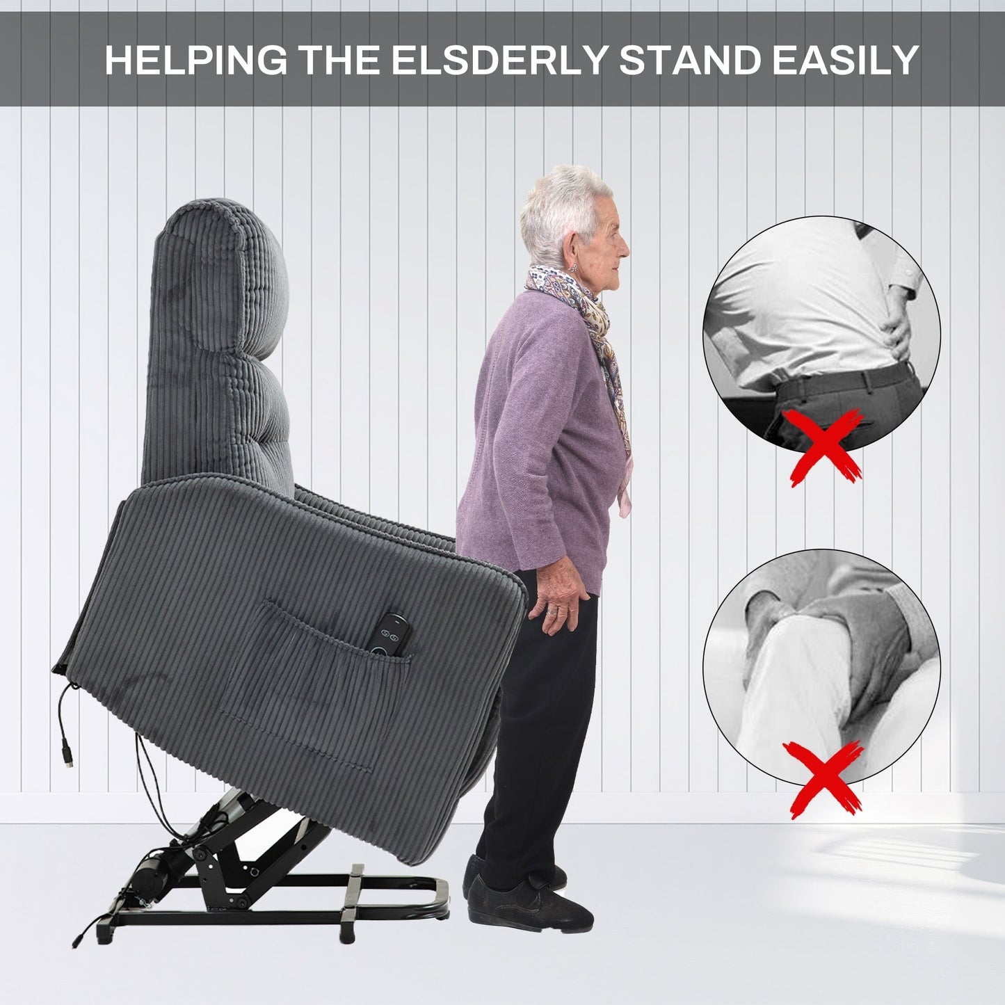 Fauteuil inclinable électrique pour adultes, avec coussin de siège à ressorts ensachés et poche latérale