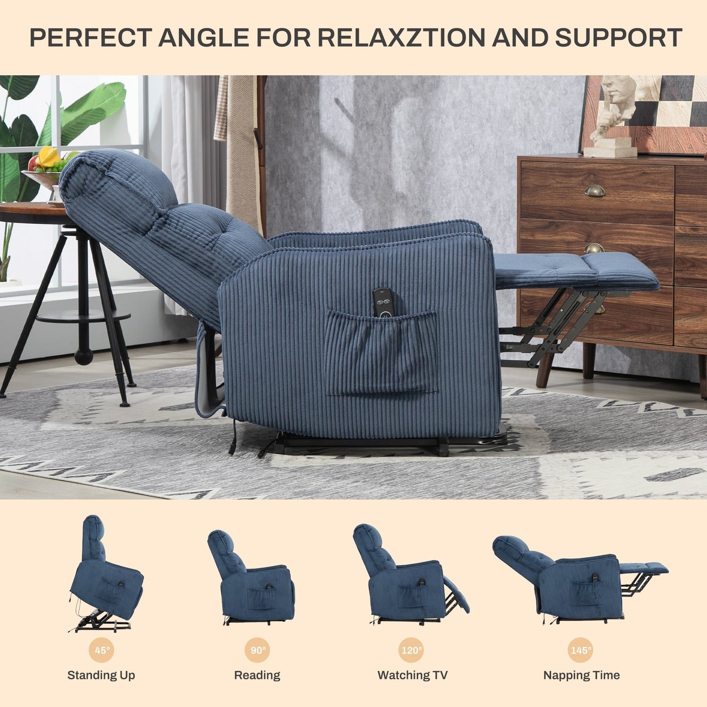 Fauteuil inclinable électrique pour adultes, avec coussin de siège à ressorts ensachés et poche latérale