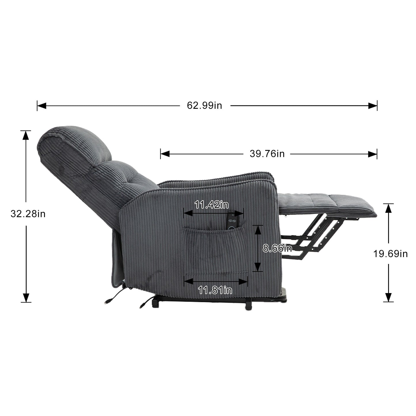 Fauteuil inclinable électrique pour adultes, avec coussin de siège à ressorts ensachés et poche latérale