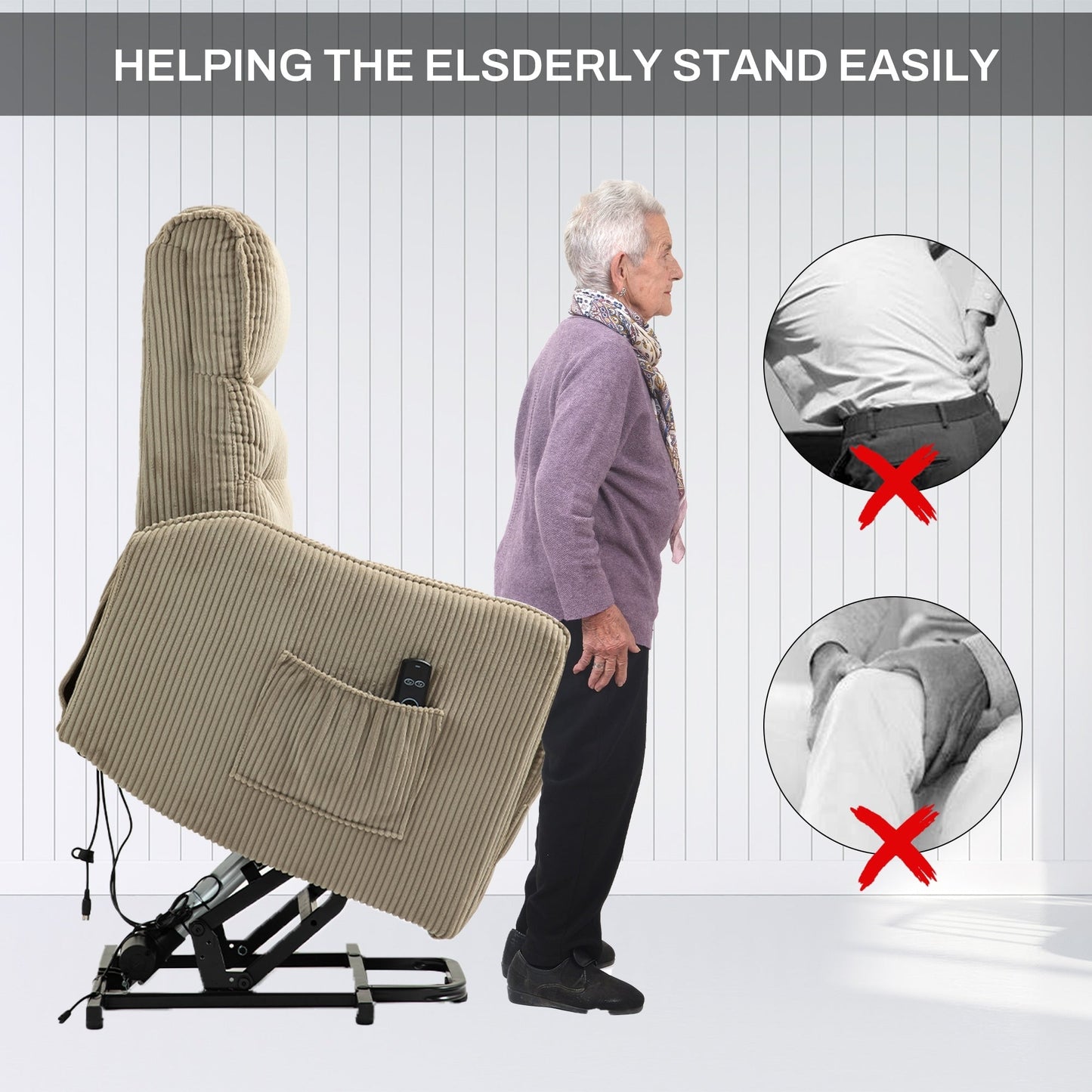 Fauteuil inclinable électrique pour adultes, avec coussin de siège à ressorts ensachés et poche latérale