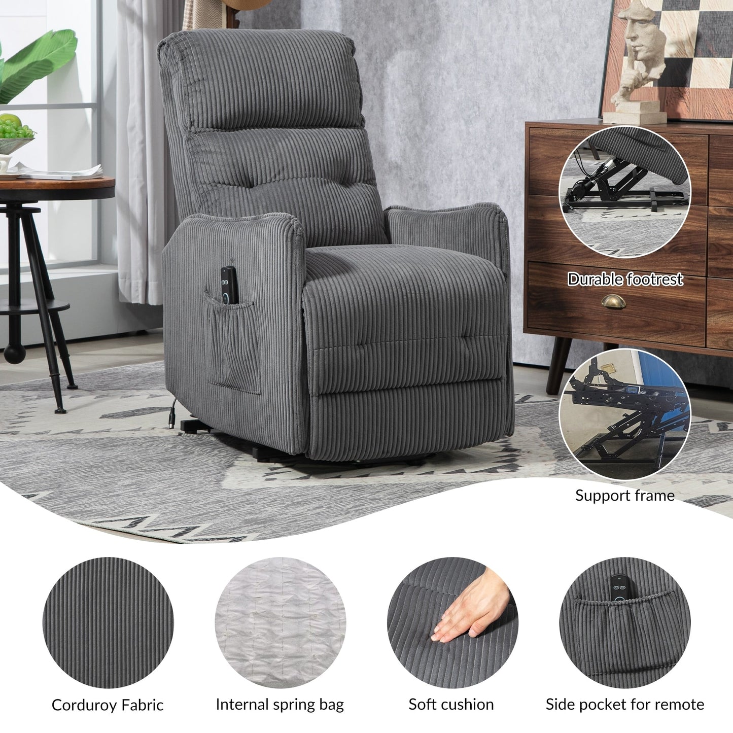 Fauteuil inclinable électrique pour adultes, avec coussin de siège à ressorts ensachés et poche latérale