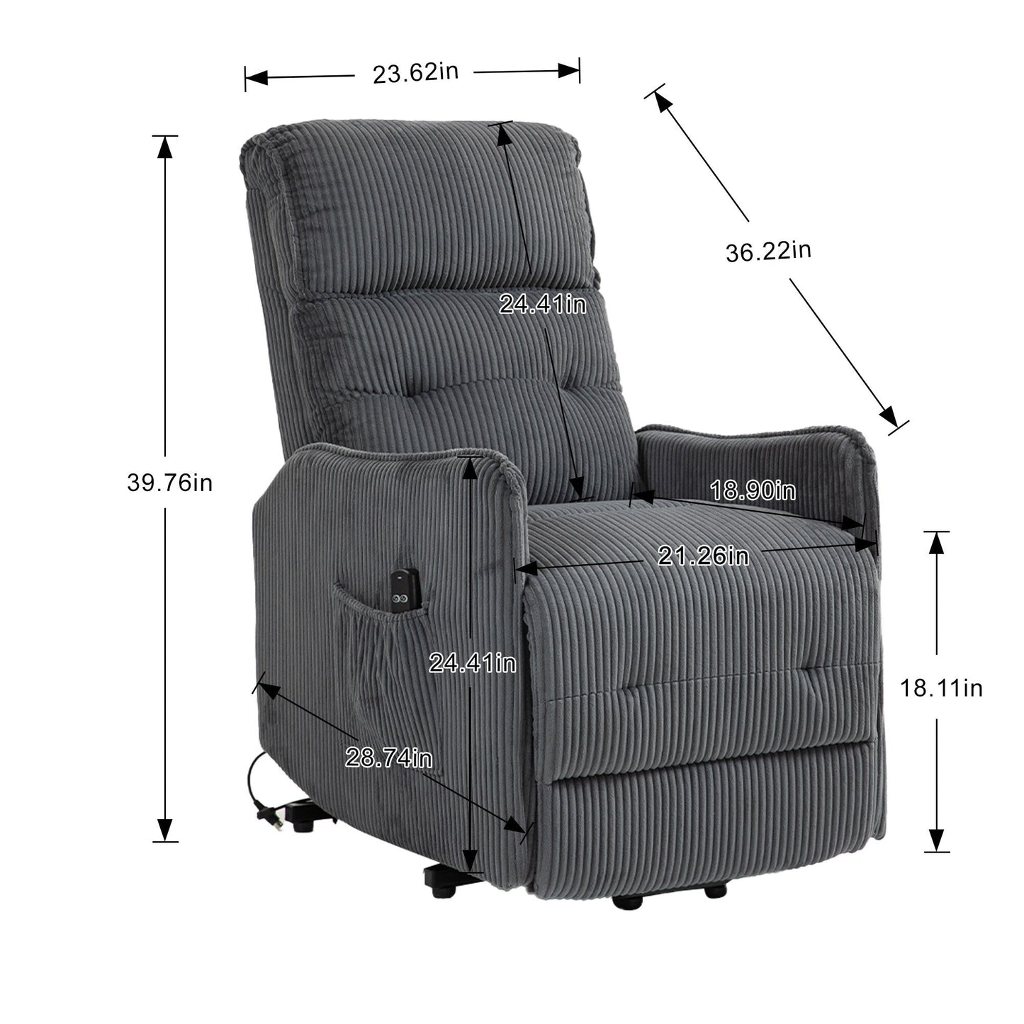 Fauteuil inclinable électrique pour adultes, avec coussin de siège à ressorts ensachés et poche latérale
