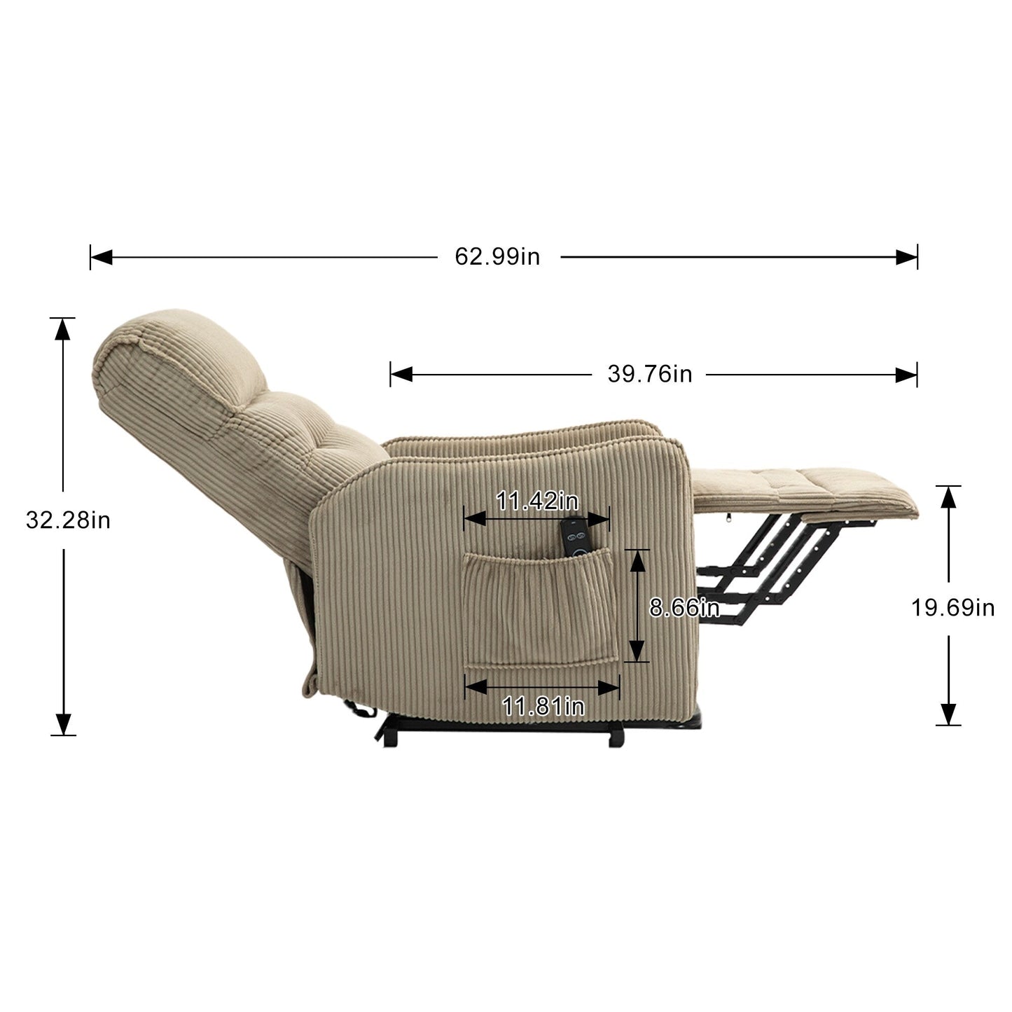 Fauteuil inclinable électrique pour adultes, avec coussin de siège à ressorts ensachés et poche latérale