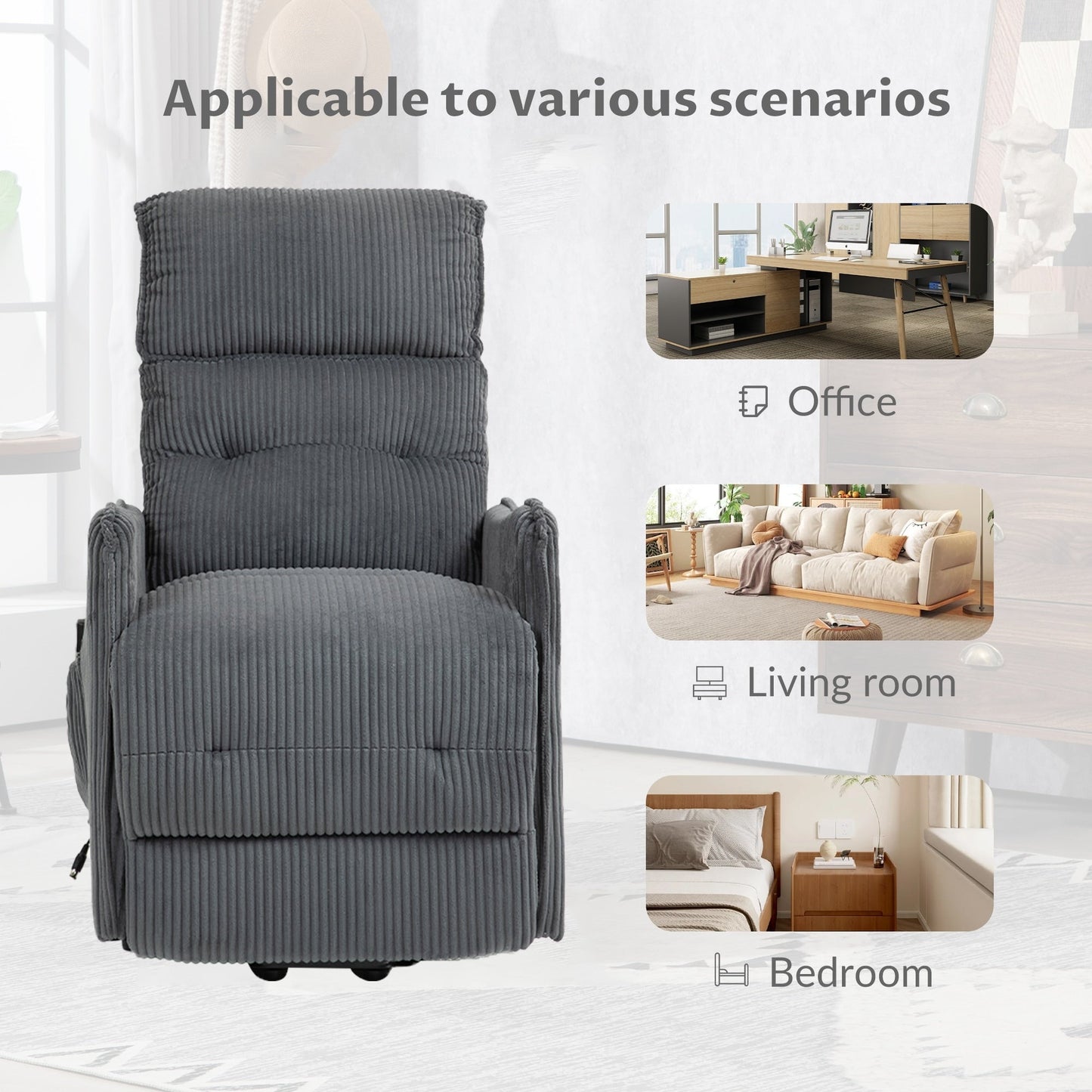 Fauteuil inclinable électrique pour adultes, avec coussin de siège à ressorts ensachés et poche latérale