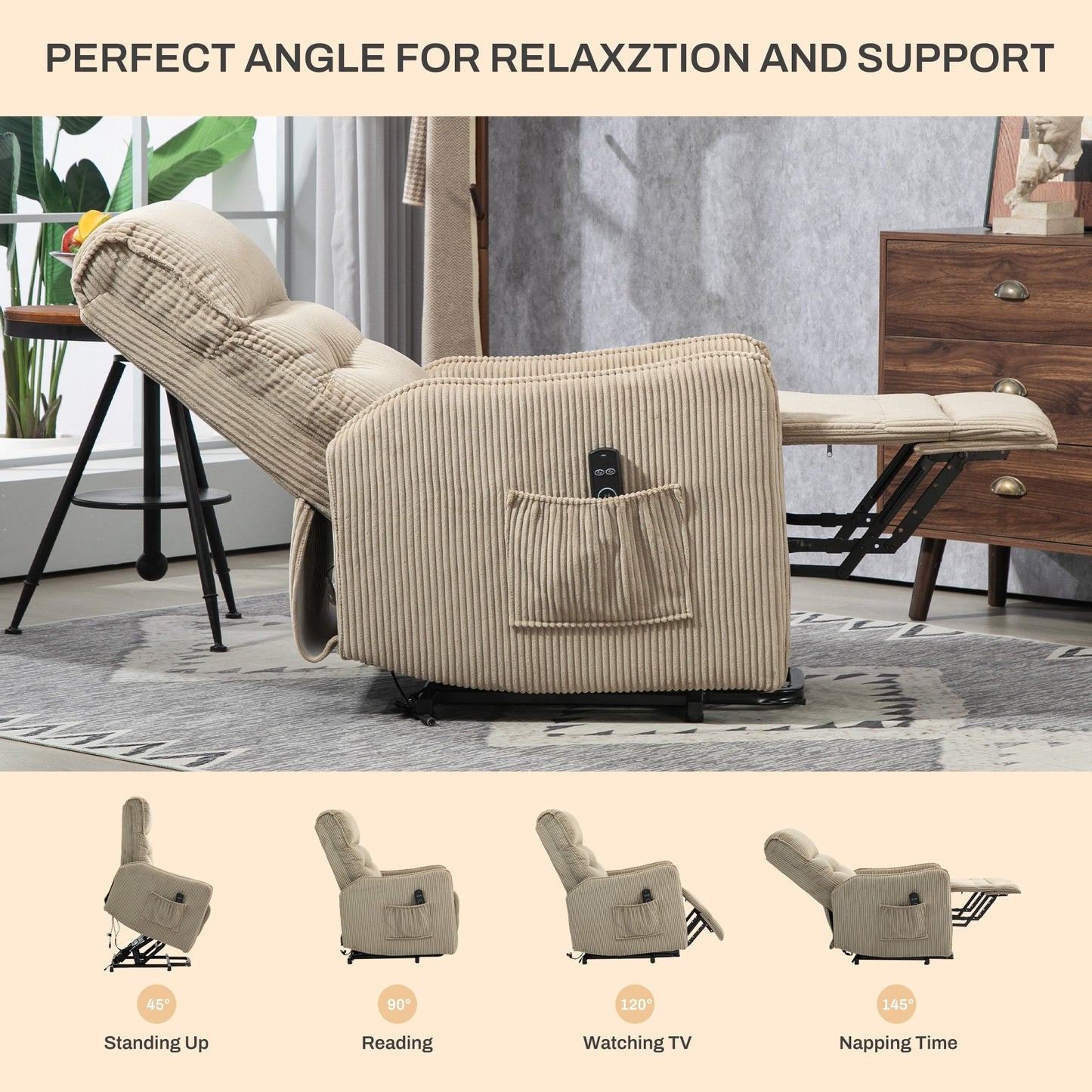 Fauteuil inclinable électrique pour adultes, avec coussin de siège à ressorts ensachés et poche latérale