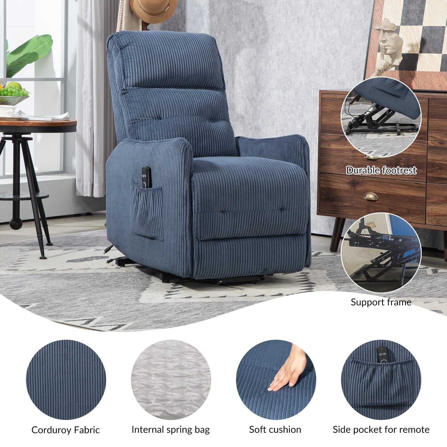 Fauteuil inclinable électrique pour adultes, avec coussin de siège à ressorts ensachés et poche latérale