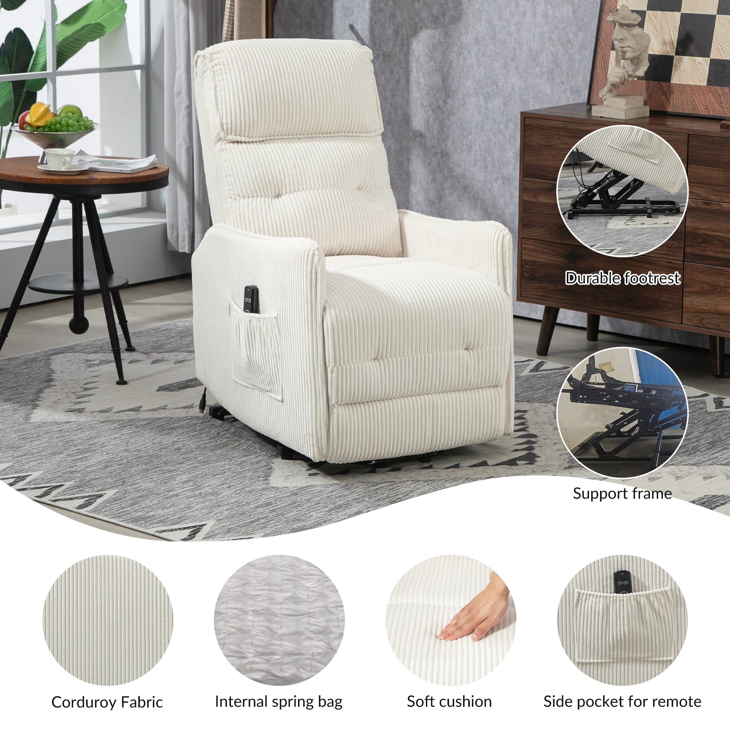 Fauteuil inclinable électrique pour adultes, avec coussin de siège à ressorts ensachés et poche latérale