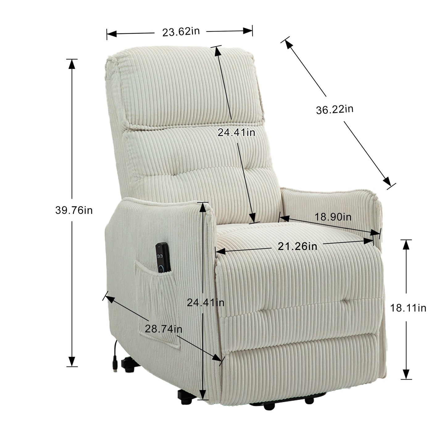 Fauteuil inclinable électrique pour adultes, avec coussin de siège à ressorts ensachés et poche latérale