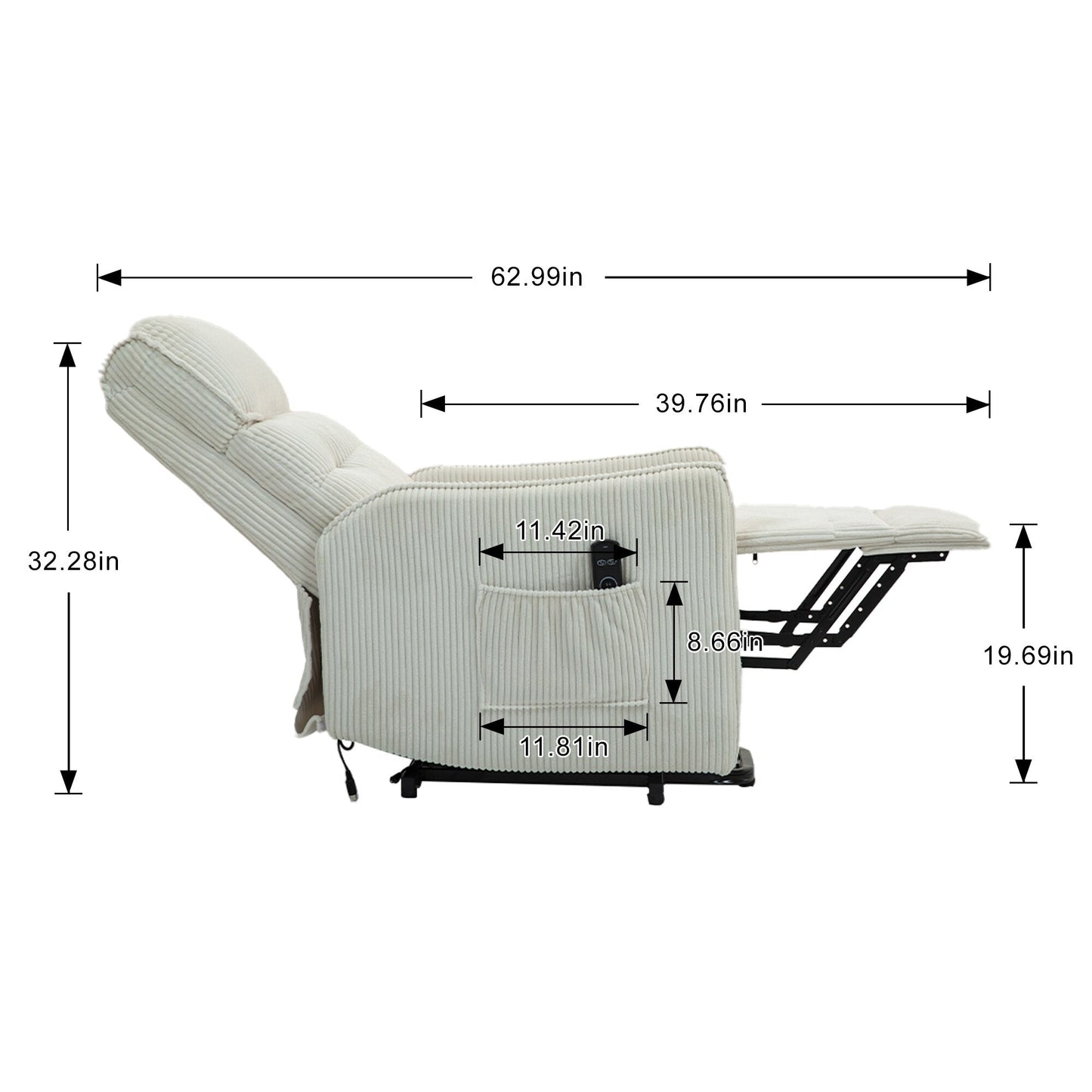 Fauteuil inclinable électrique pour adultes, avec coussin de siège à ressorts ensachés et poche latérale