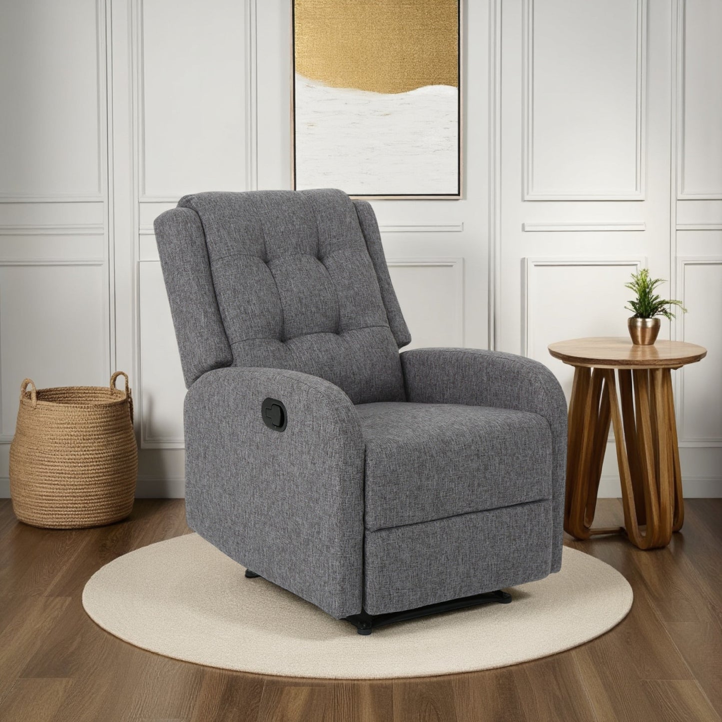 Fauteuil inclinable, tirette manuelle, tissu gris anthracite capitonné à boutons