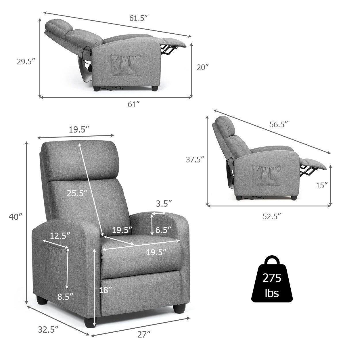 Fauteuil de massage inclinable, canapé simple ergonomique réglable avec rembourrage