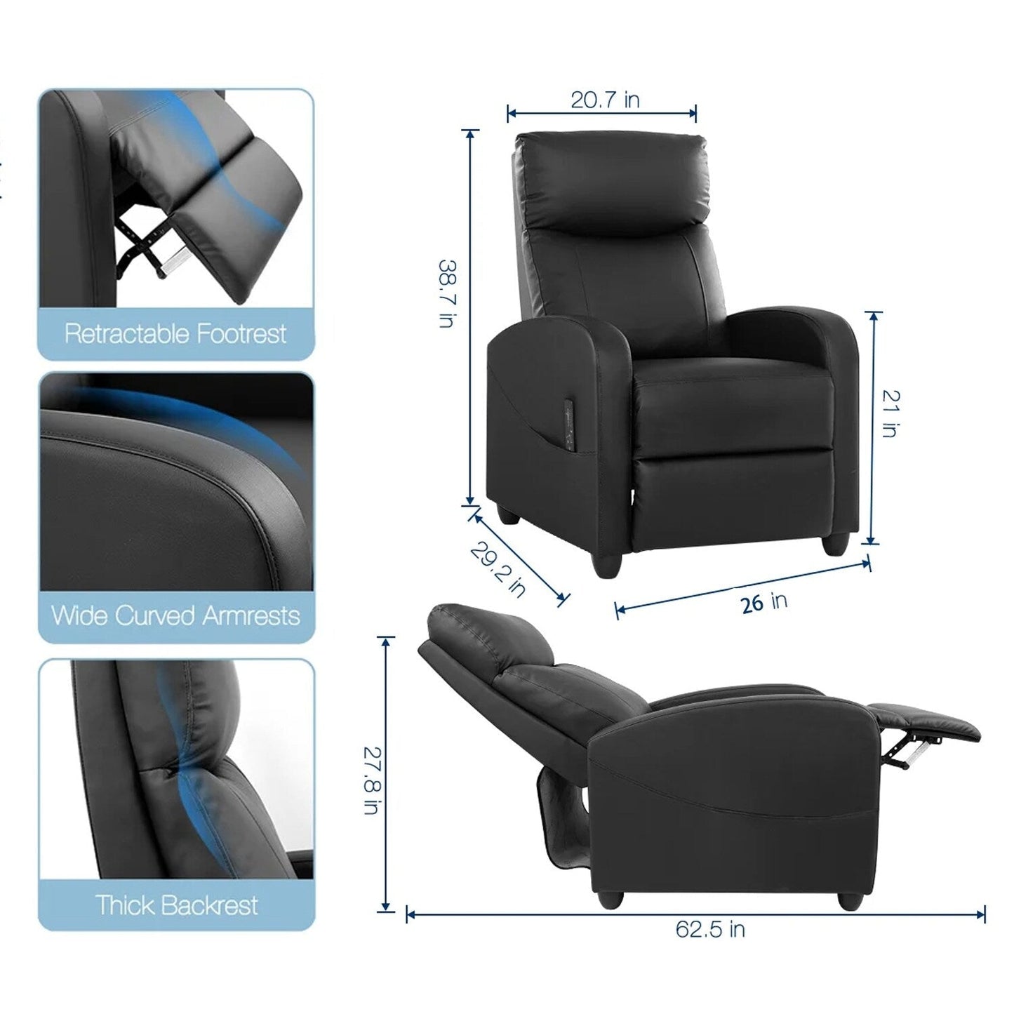 Fauteuil de massage inclinable Fauteuil inclinable à dossier relevable Fauteuil inclinable pour cinéma maison