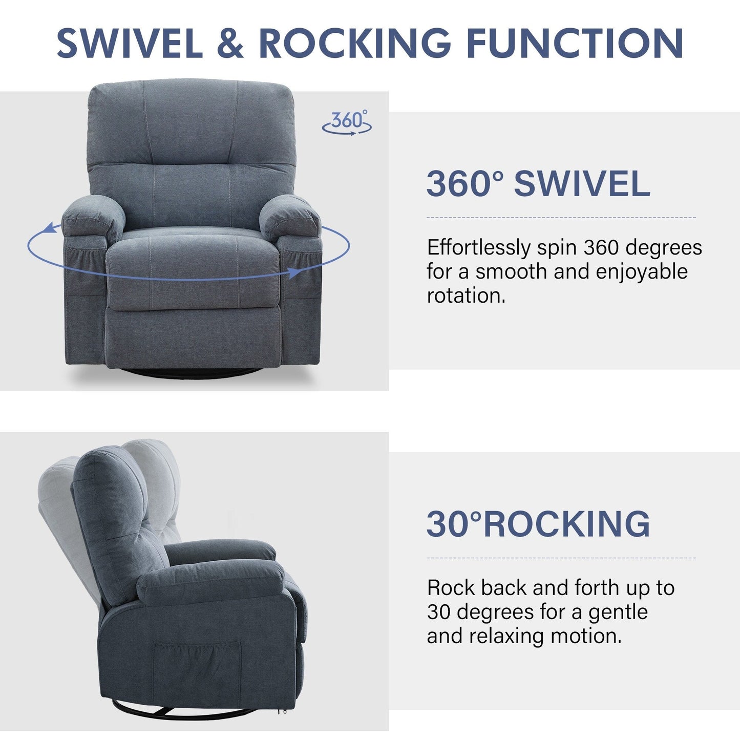 Fauteuil inclinable, fauteuil pivotant à 360 degrés, équipé d'un coussin moelleux et d'un dossier, fauteuil confortable