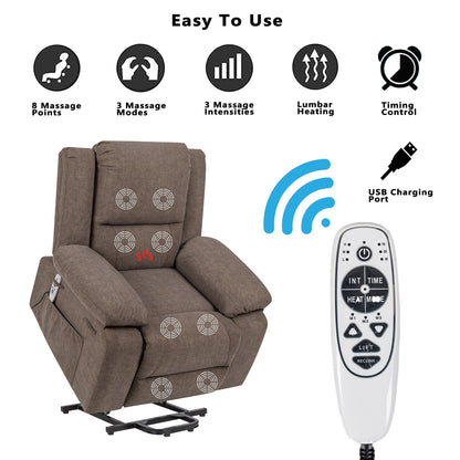 Fauteuil releveur inclinable avec massage, chauffage et poches pour télécommande