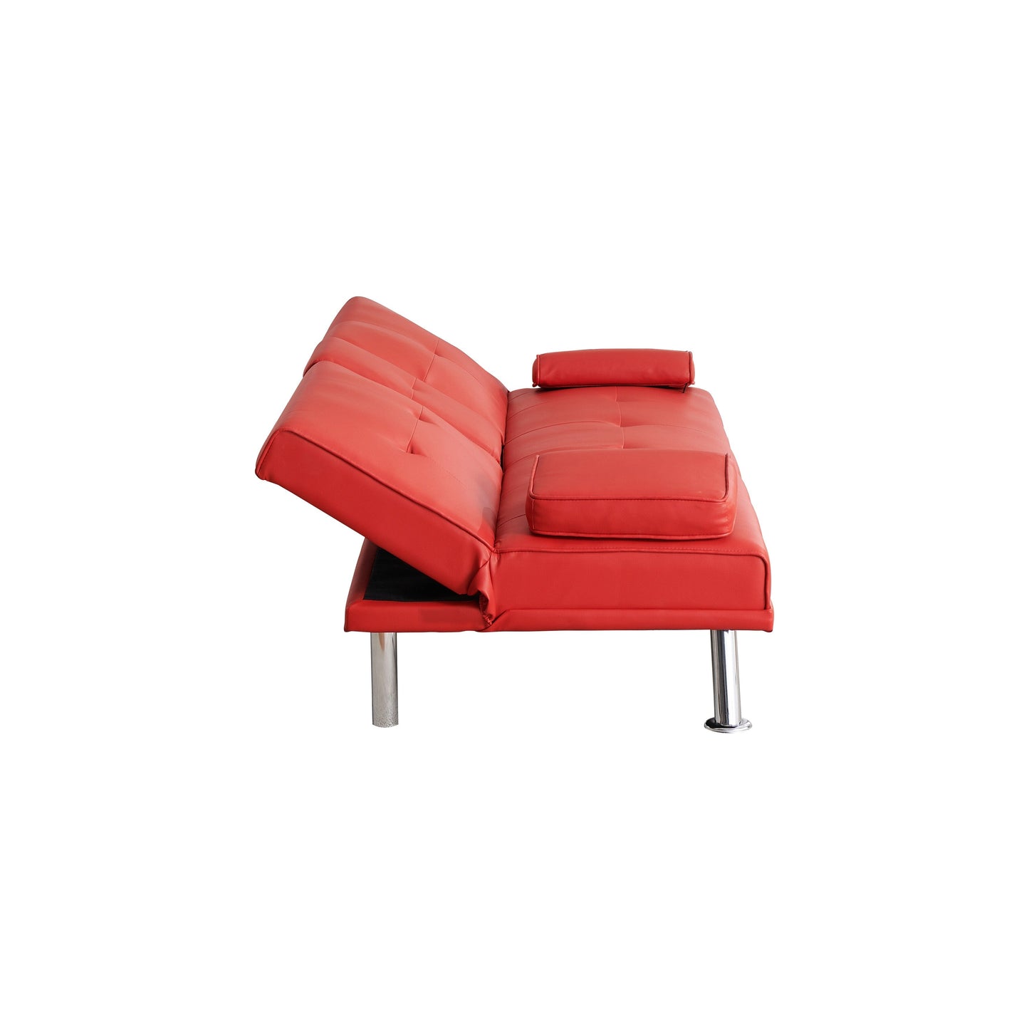 Canapé-lit pliant en similicuir Red 67 avec pieds en métal argenté et porte-gobelet pour le salon