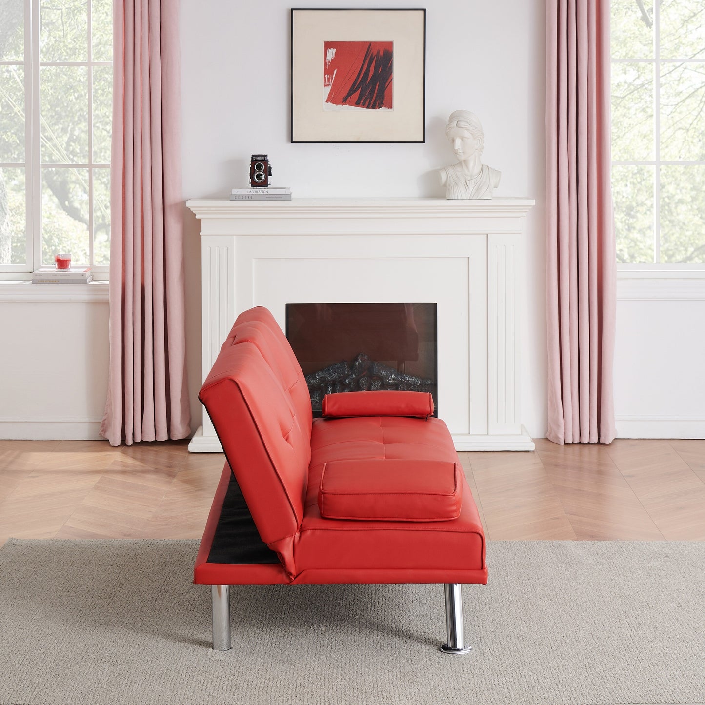 Canapé-lit causeuse en similicuir rouge 67 avec 2 porte-gobelets et pieds en acier inoxydable pour le salon