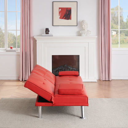 Canapé-lit causeuse en similicuir rouge 67 avec 2 porte-gobelets et pieds en acier inoxydable pour le salon