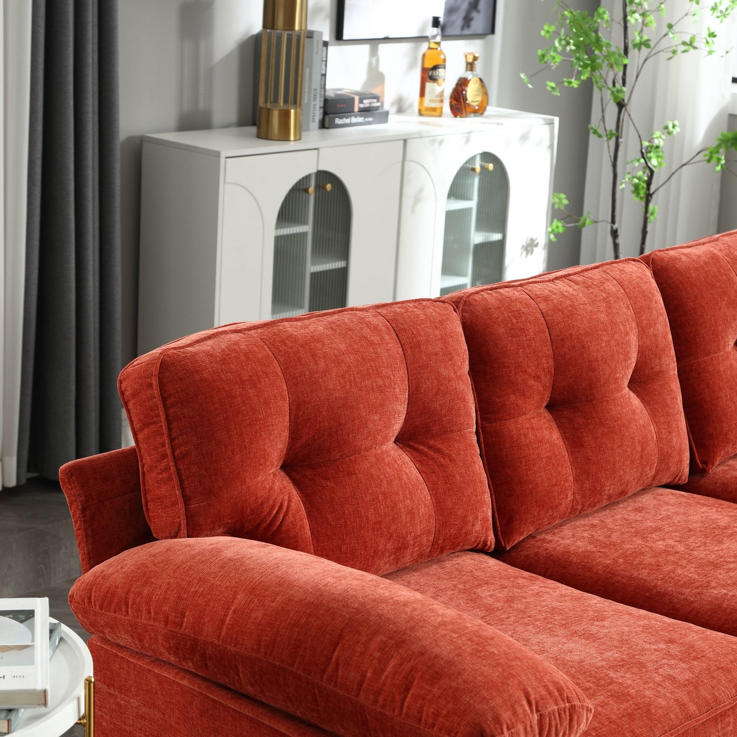 Canapé 3 places en tissu rouge 85'' en forme de L avec méridienne, cadre en bois et renfort de coussin à ressorts