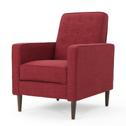 Fauteuil inclinable rembourré en tissu rouge style milieu du siècle avec repose-pieds, dossier capitonné et pieds en hêtre