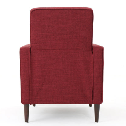 Fauteuil inclinable rembourré en tissu rouge style milieu du siècle avec repose-pieds, dossier capitonné et pieds en hêtre
